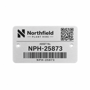 Anodised aluminium asset tag with fictional company branding, barcode and QR code on brushed metal