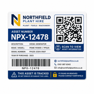 QR asset tracking label with fictional company branding, barcode and QR code on a white background