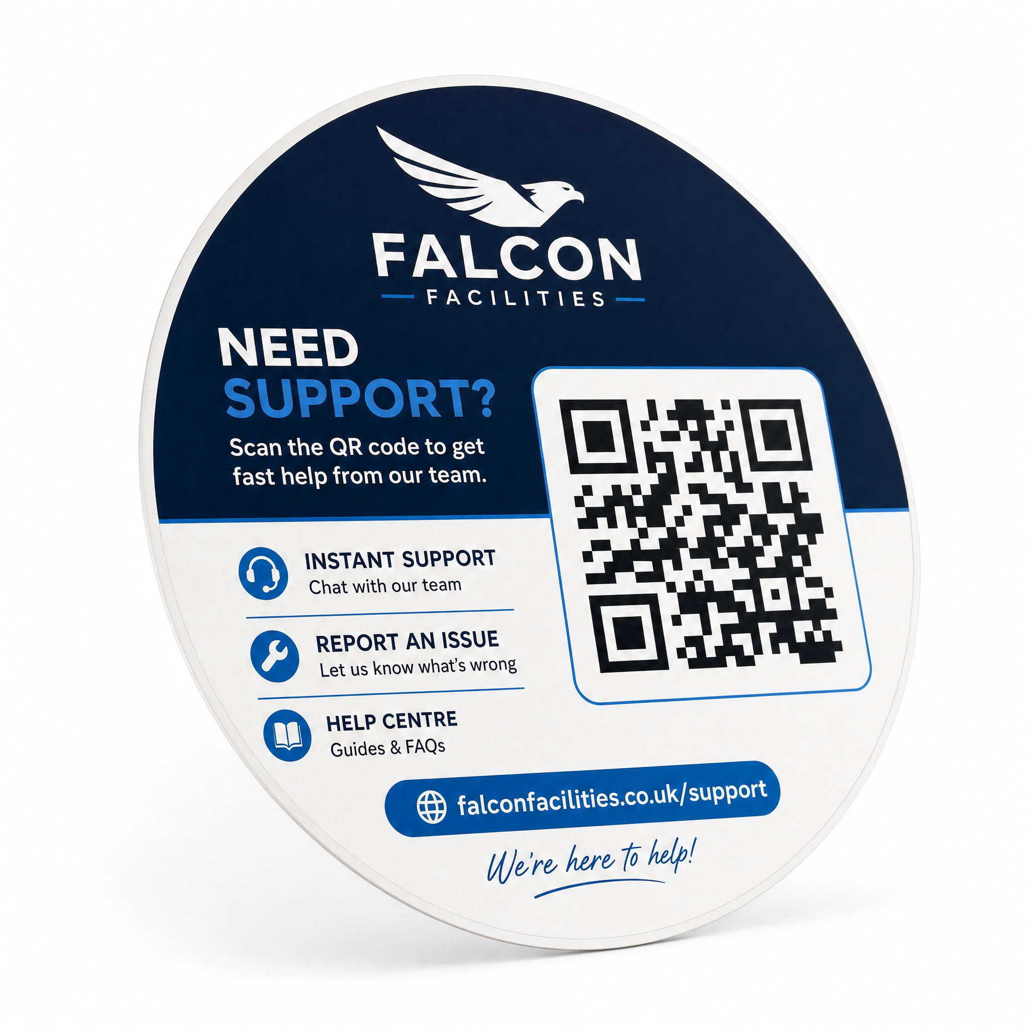 Angled scan for support label with fictional branded support message and QR code