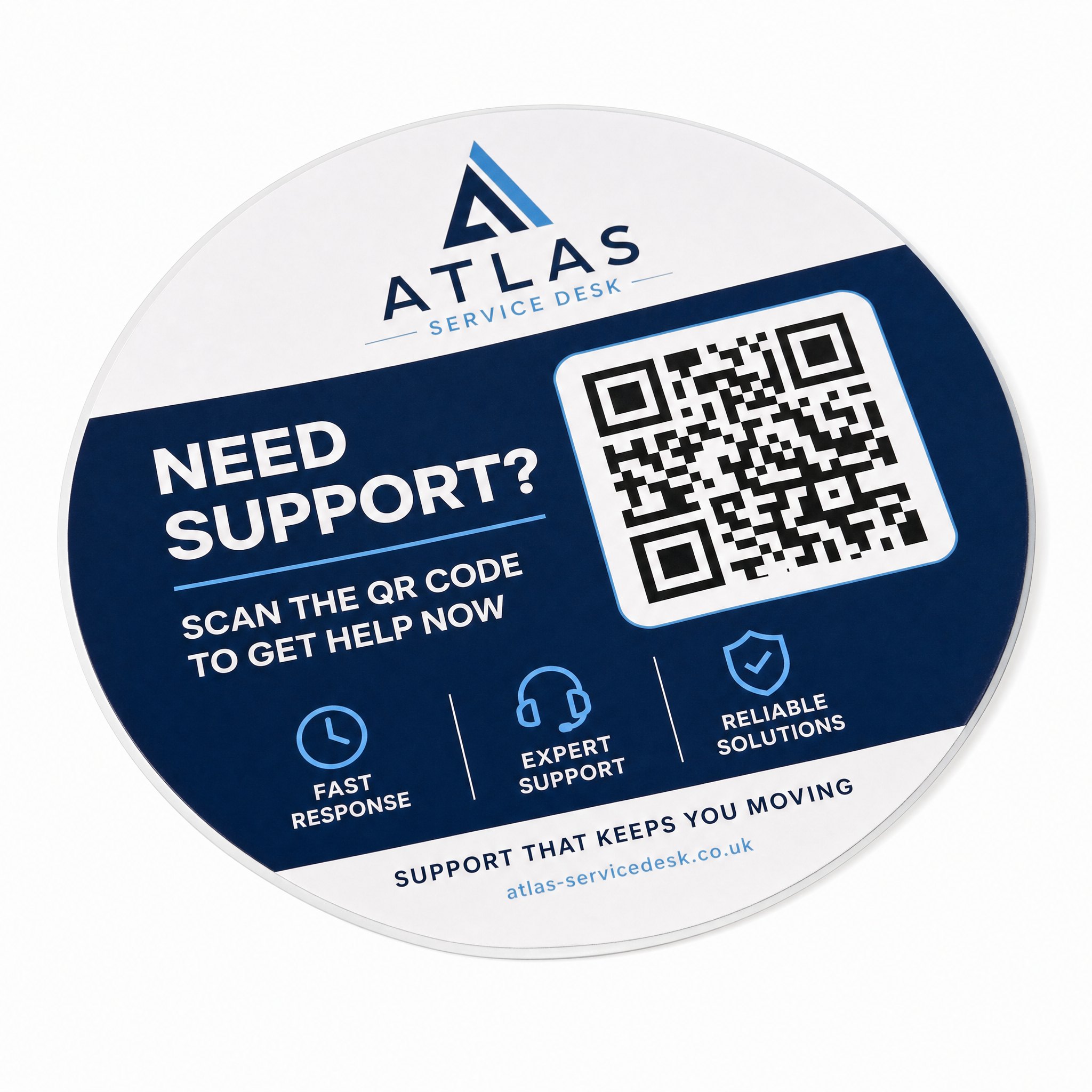 Scan for support label with fictional branding and bold QR code on white background