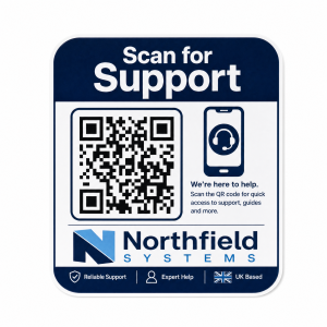 Scan for support label with fictional company branding and QR code on a white background