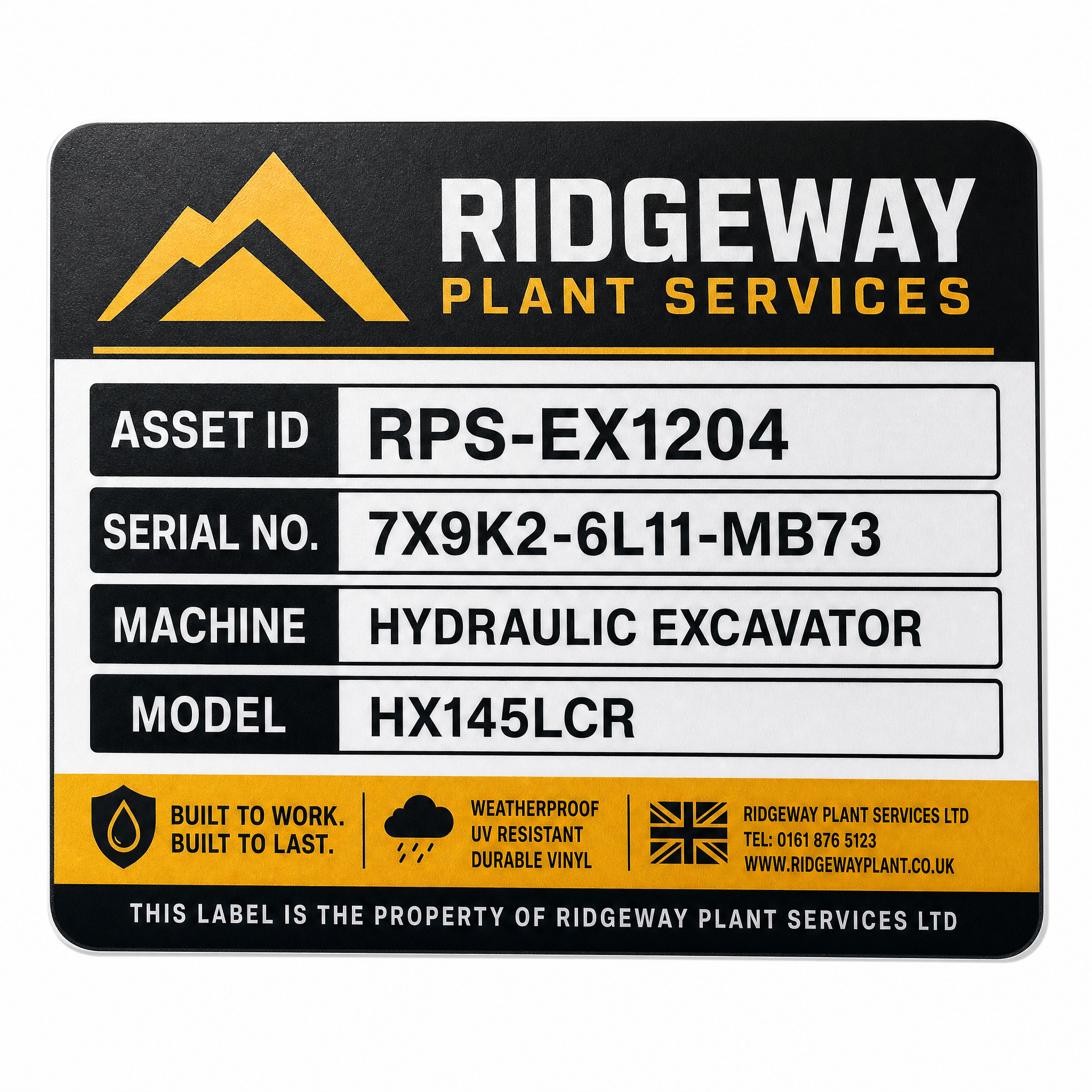 Close-up weatherproof equipment label showing readable asset and outdoor-use information