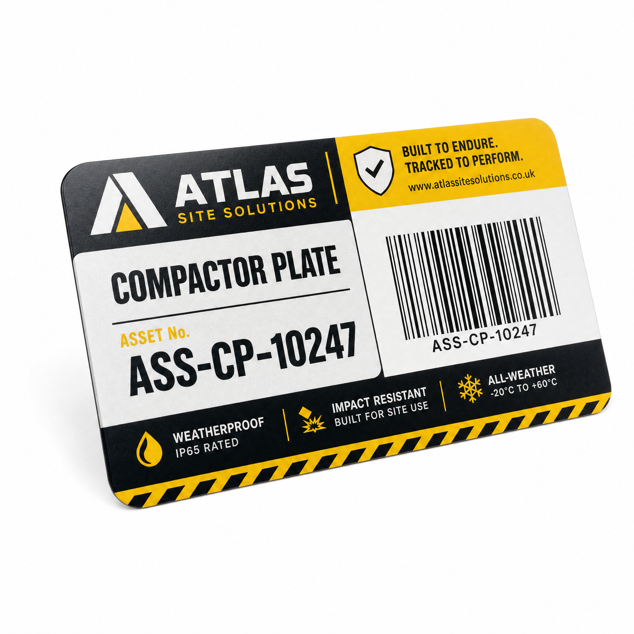 Weatherproof equipment label with fictional branding, barcode and tracking layout on a white background