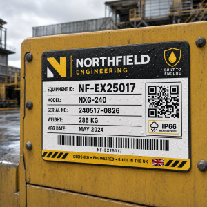 Weatherproof equipment label applied to an outdoor machine panel with visible water droplets showing durability