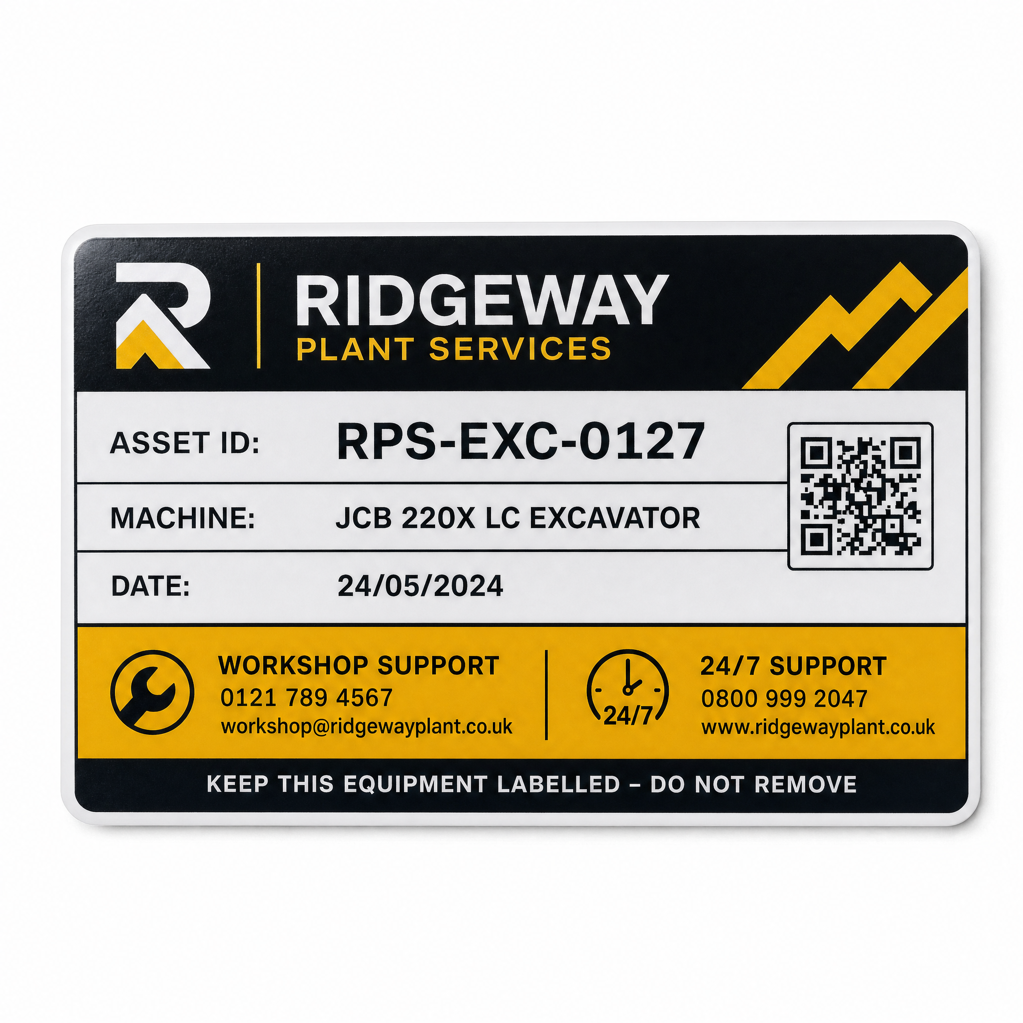 Close-up workshop equipment label showing readable asset and workshop information