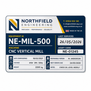 Workshop equipment label with fictional company branding and equipment details on a white background