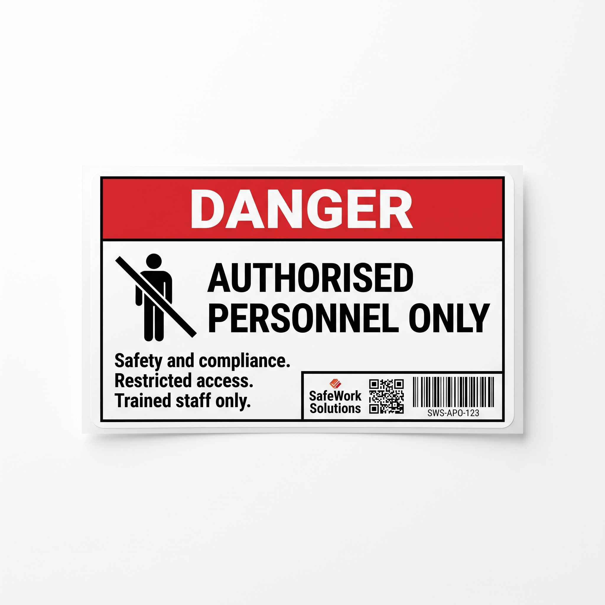 Authorised Personnel Only Labels close-up of a custom printed self-adhesive vinyl label sticker with clear readable product details