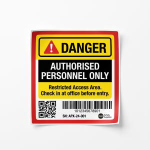 Authorised Personnel Only Labels custom printed self-adhesive vinyl label sticker with fictional branded design on a white background