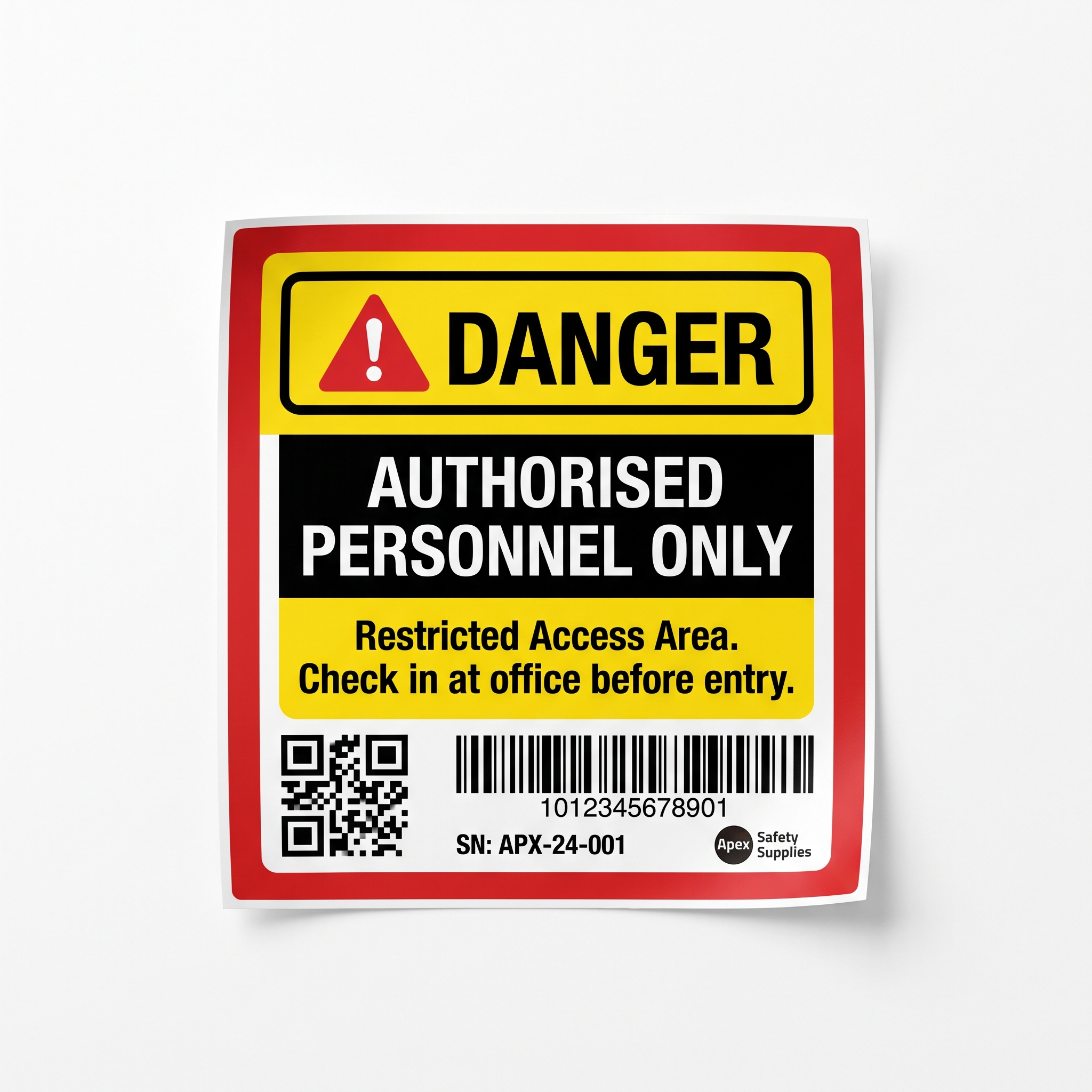 Authorised Personnel Only Labels custom printed self-adhesive vinyl label sticker with fictional branded design on a white background