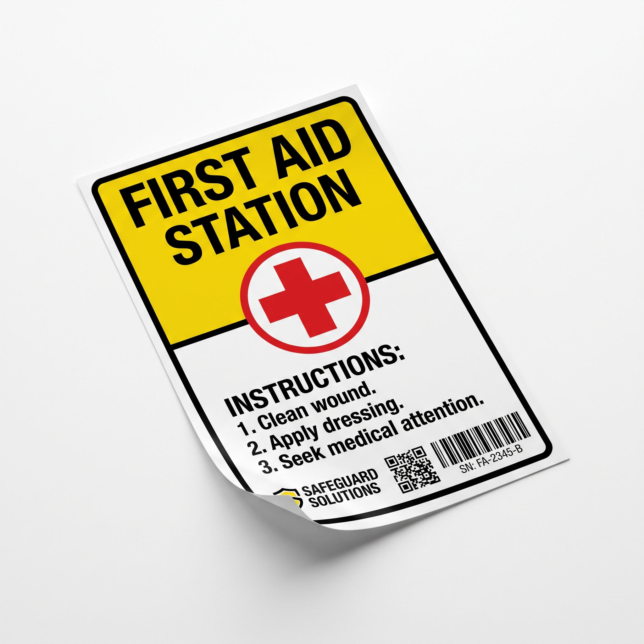 Custom First Aid Labels sample branded printed self-adhesive vinyl label sticker showing a standard layout variation