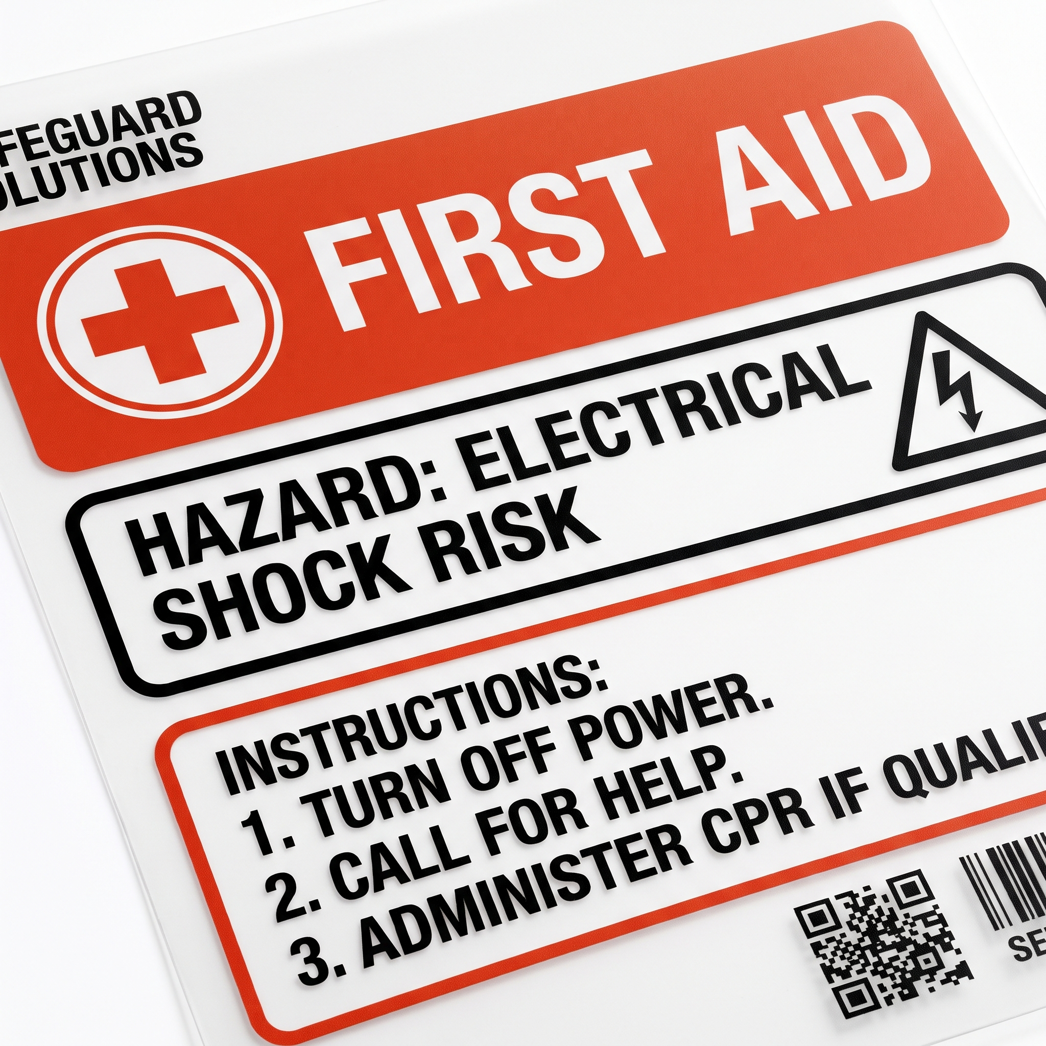 Custom First Aid Labels close-up of a custom printed self-adhesive vinyl label sticker with clear readable product details