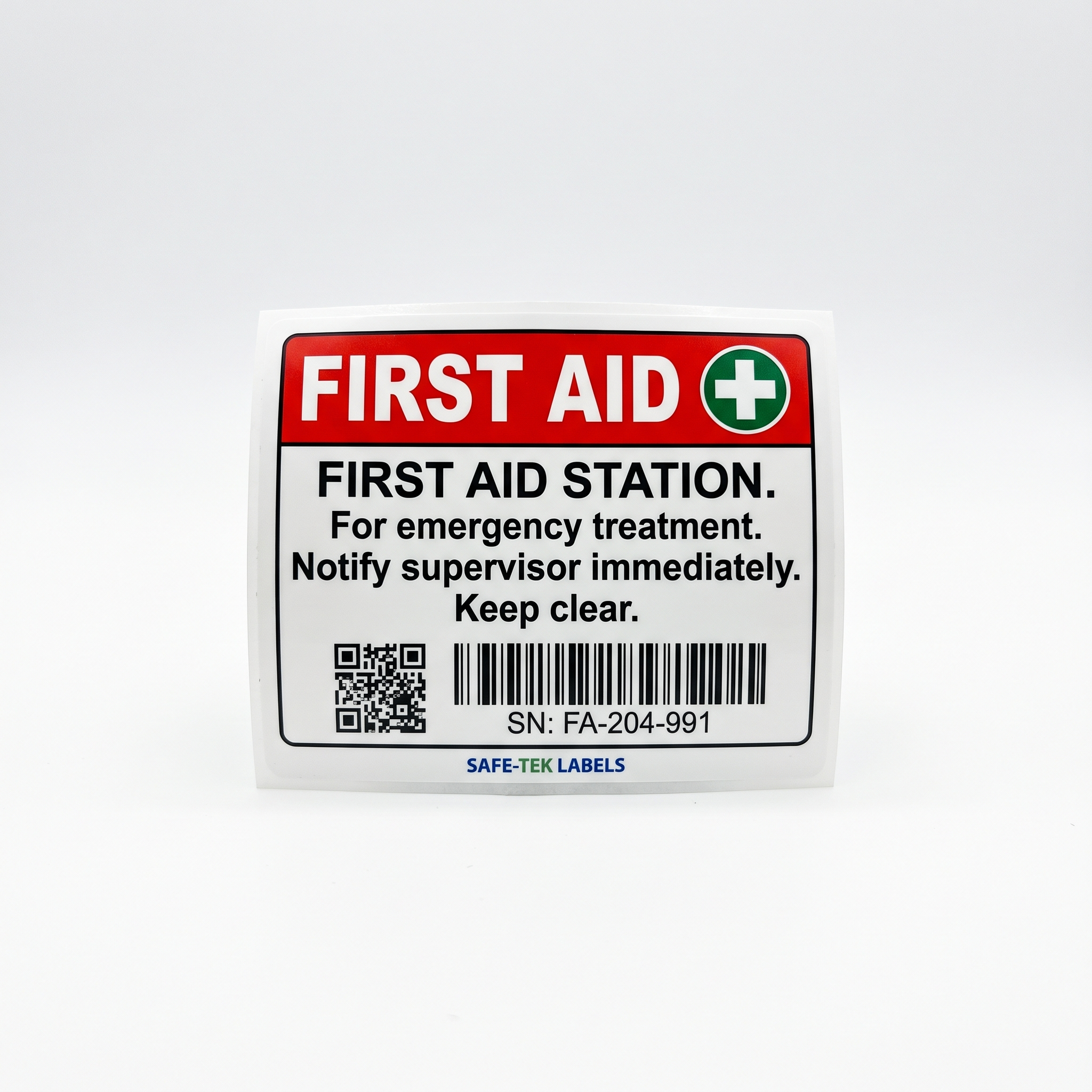 Custom First Aid Labels alternate custom printed self-adhesive vinyl label sticker example with fictional company branding