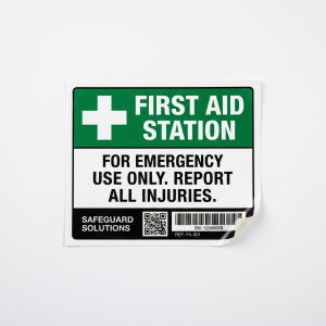 Custom First Aid Labels custom printed self-adhesive vinyl label sticker with fictional branded design on a white background