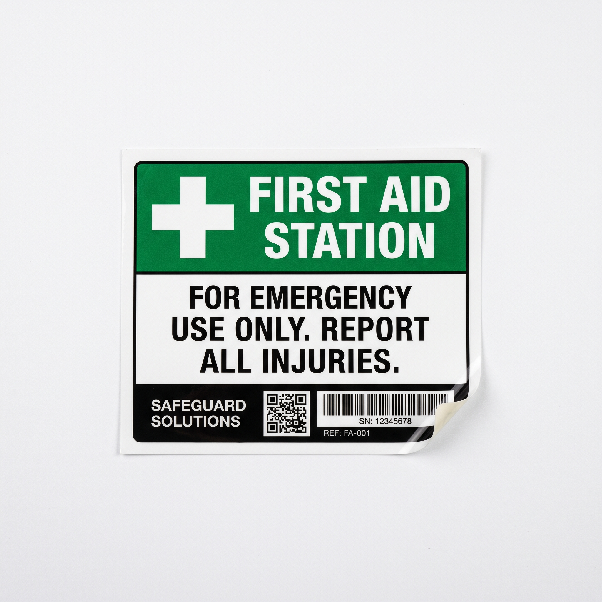 Custom First Aid Labels custom printed self-adhesive vinyl label sticker with fictional branded design on a white background