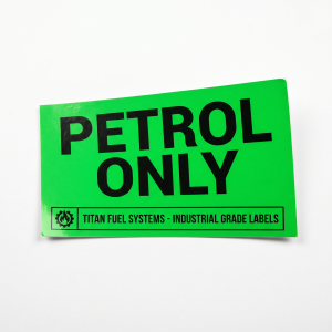 Custom Fuel Tank Labels green petrol only label with logo section at the bottom