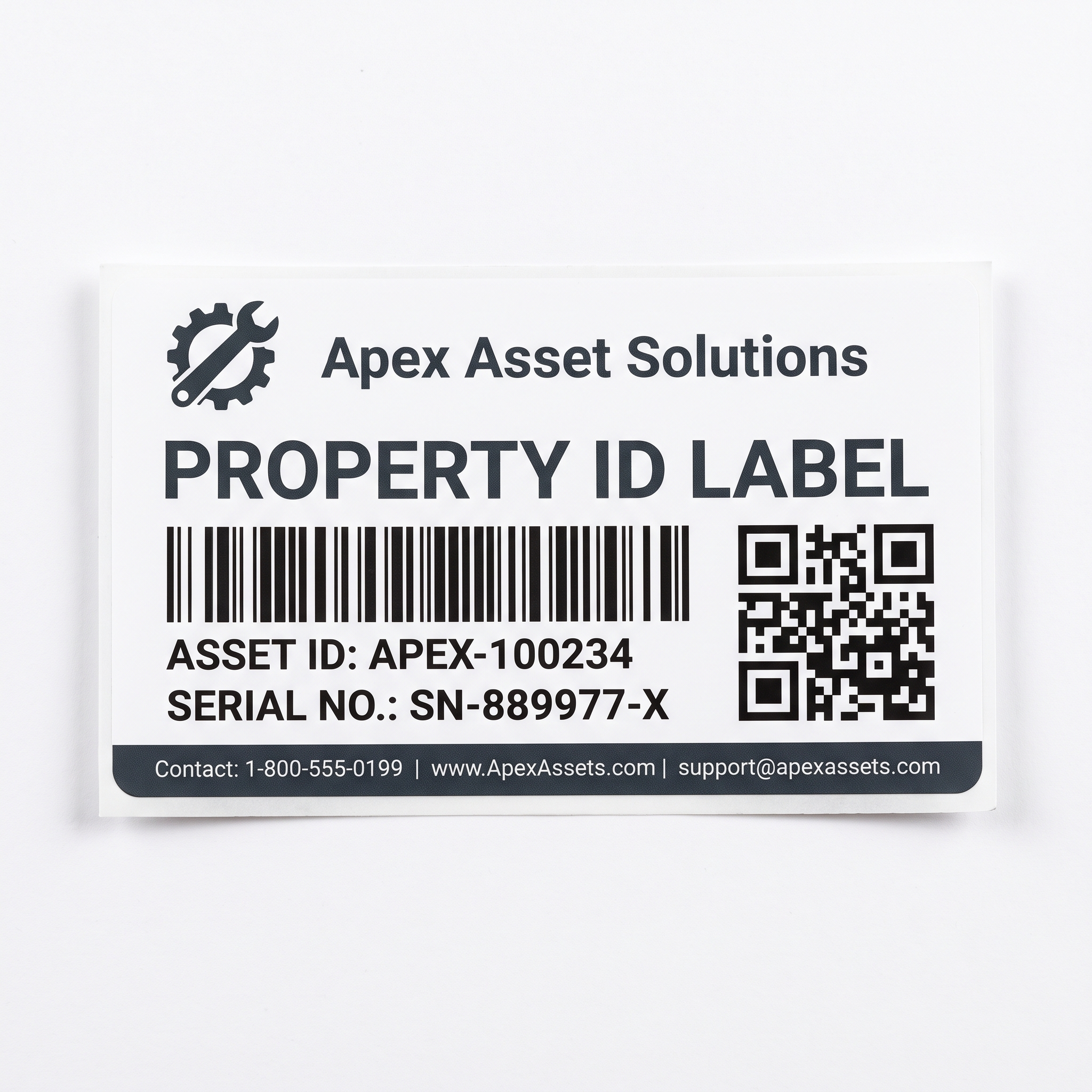 Custom Property ID Labels close-up of a custom printed self-adhesive vinyl label sticker with clear readable product details