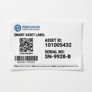 Custom Smart Asset Labels custom printed self-adhesive vinyl label sticker with fictional branded design on a white background