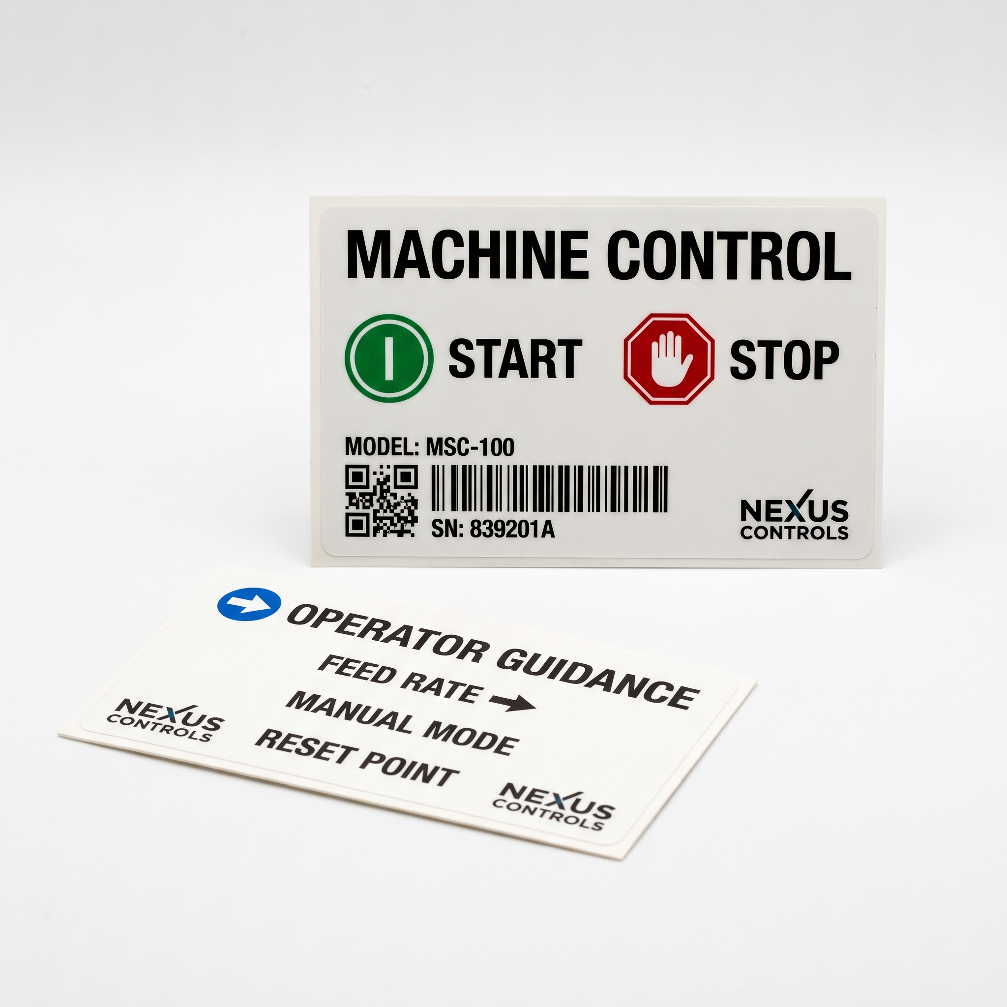 Custom Start Stop Labels sample branded printed self-adhesive vinyl label sticker showing a standard layout variation