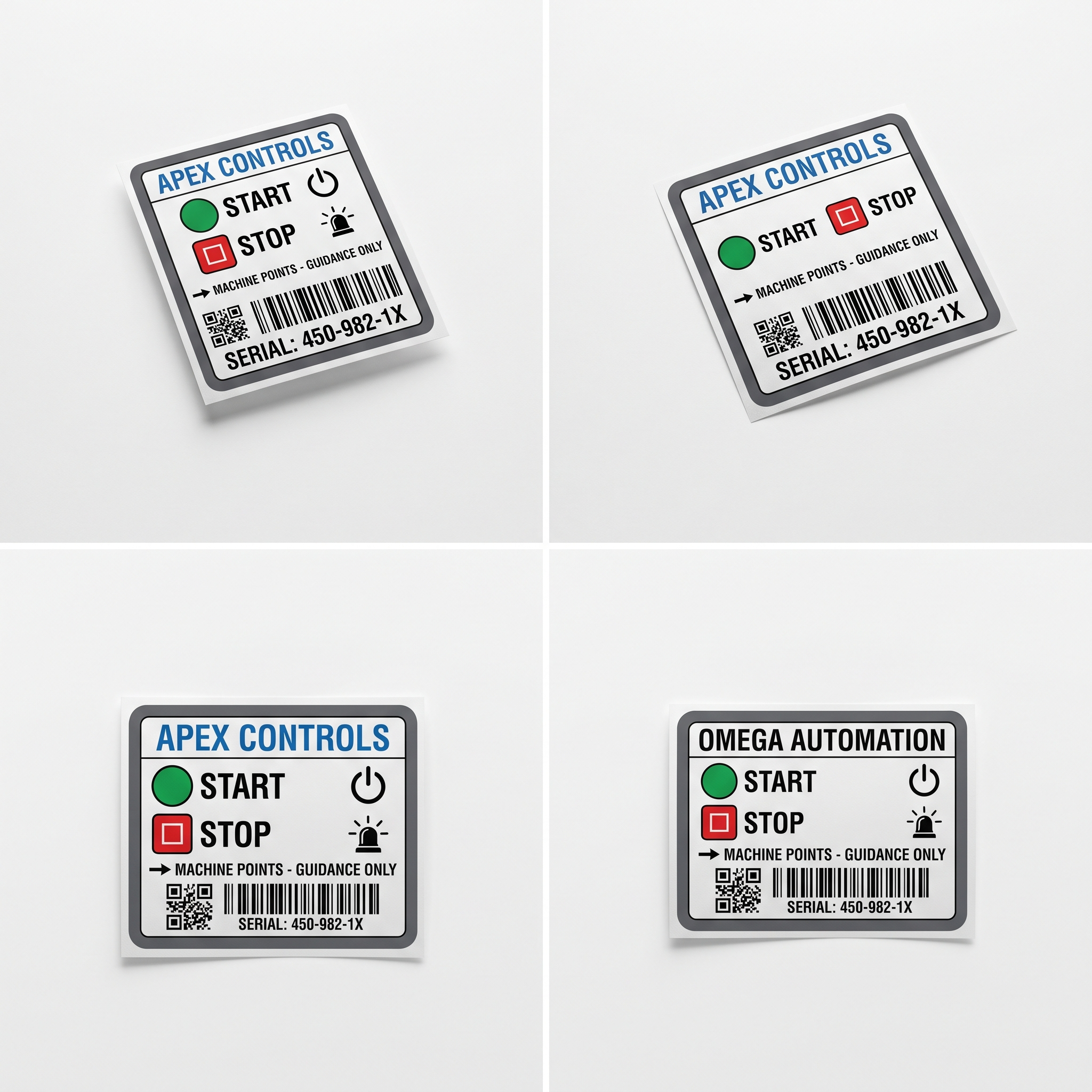 Custom Start Stop Labels alternate custom printed self-adhesive vinyl label sticker example with fictional company branding
