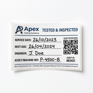 Custom Tested By Labels custom printed self-adhesive vinyl label sticker with fictional branded design on a white background