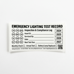 Emergency Lighting Test Labels custom printed self-adhesive vinyl label sticker with fictional branded design on a white background