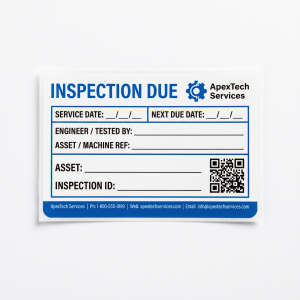 Inspection Due Labels custom printed self-adhesive vinyl label sticker with fictional branded design on a white background