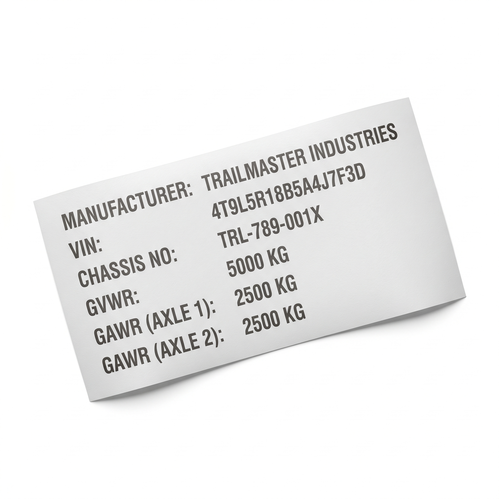 Trailer Identification Labels printed vinyl label with manufacturer VIN and weight fields