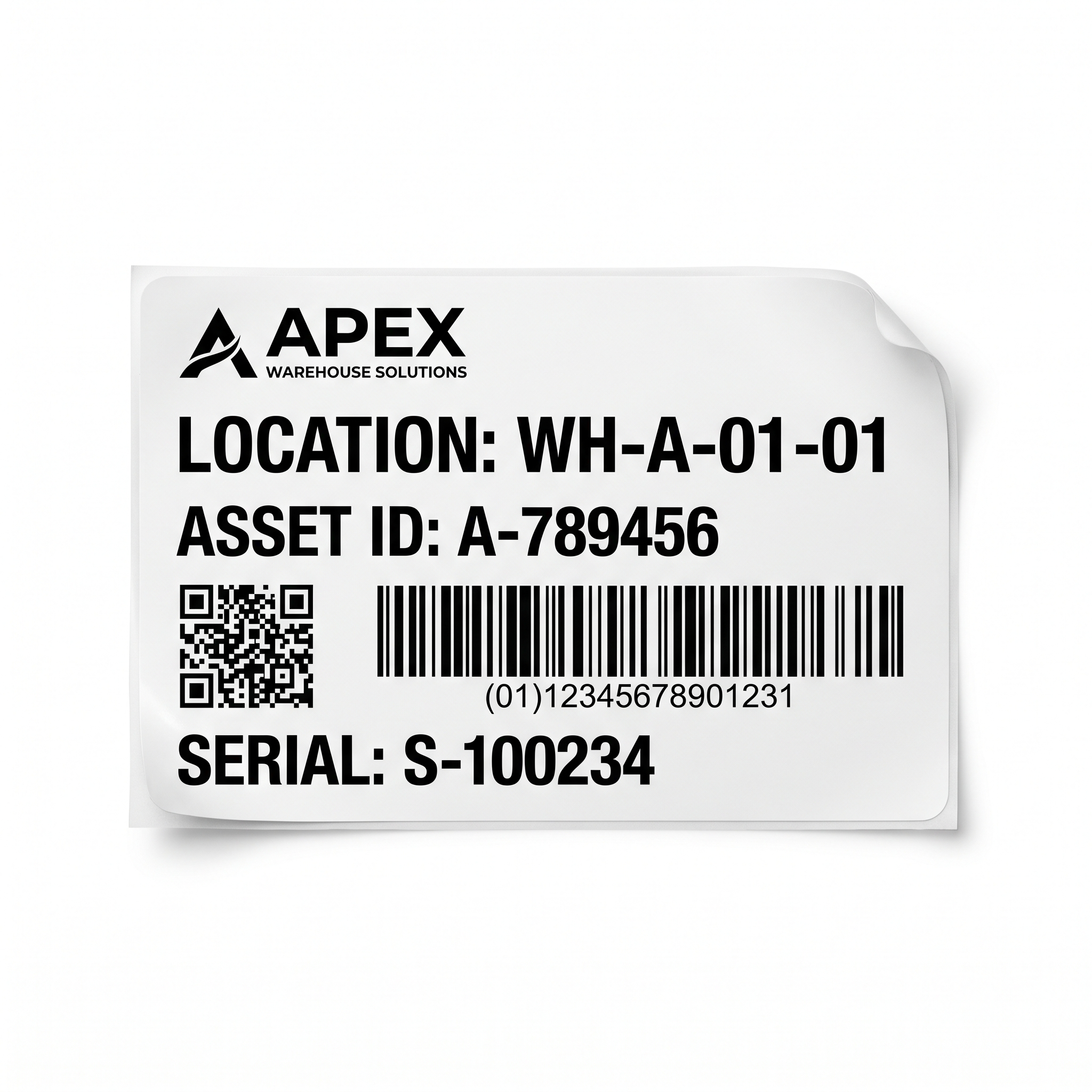 Warehouse Location Labels custom printed self-adhesive vinyl label sticker with fictional branded design on a white background