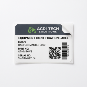 Agricultural Machinery Labels custom printed self-adhesive vinyl label sticker with fictional branded design on a white background