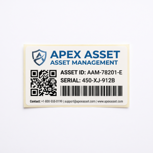 Asset Protection Labels custom printed self-adhesive vinyl label sticker with fictional branded design on a white background