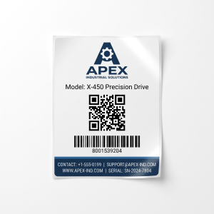 Company Branded Machine Labels custom printed self-adhesive vinyl label sticker with fictional branded design on a white background