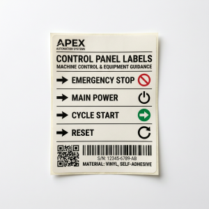 Control Panel Labels custom printed self-adhesive vinyl label sticker with fictional branded design on a white background
