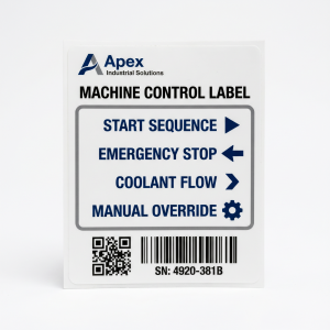 Custom Button Labels custom printed self-adhesive vinyl label sticker with fictional branded design on a white background