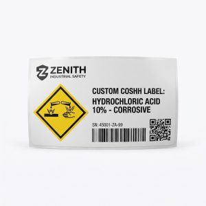 Custom COSHH Labels for Safety custom printed self-adhesive vinyl label sticker with fictional branded design on a white background