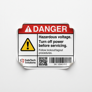 Custom Danger Labels custom printed self-adhesive vinyl label sticker with fictional branded design on a white background