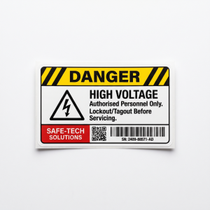 Custom Fire Safety Labels custom printed self-adhesive vinyl label sticker with fictional branded design on a white background