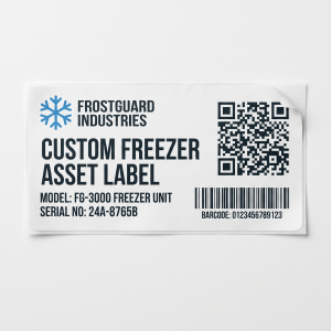Custom Freezer Labels custom printed self-adhesive vinyl label sticker with fictional branded design on a white background