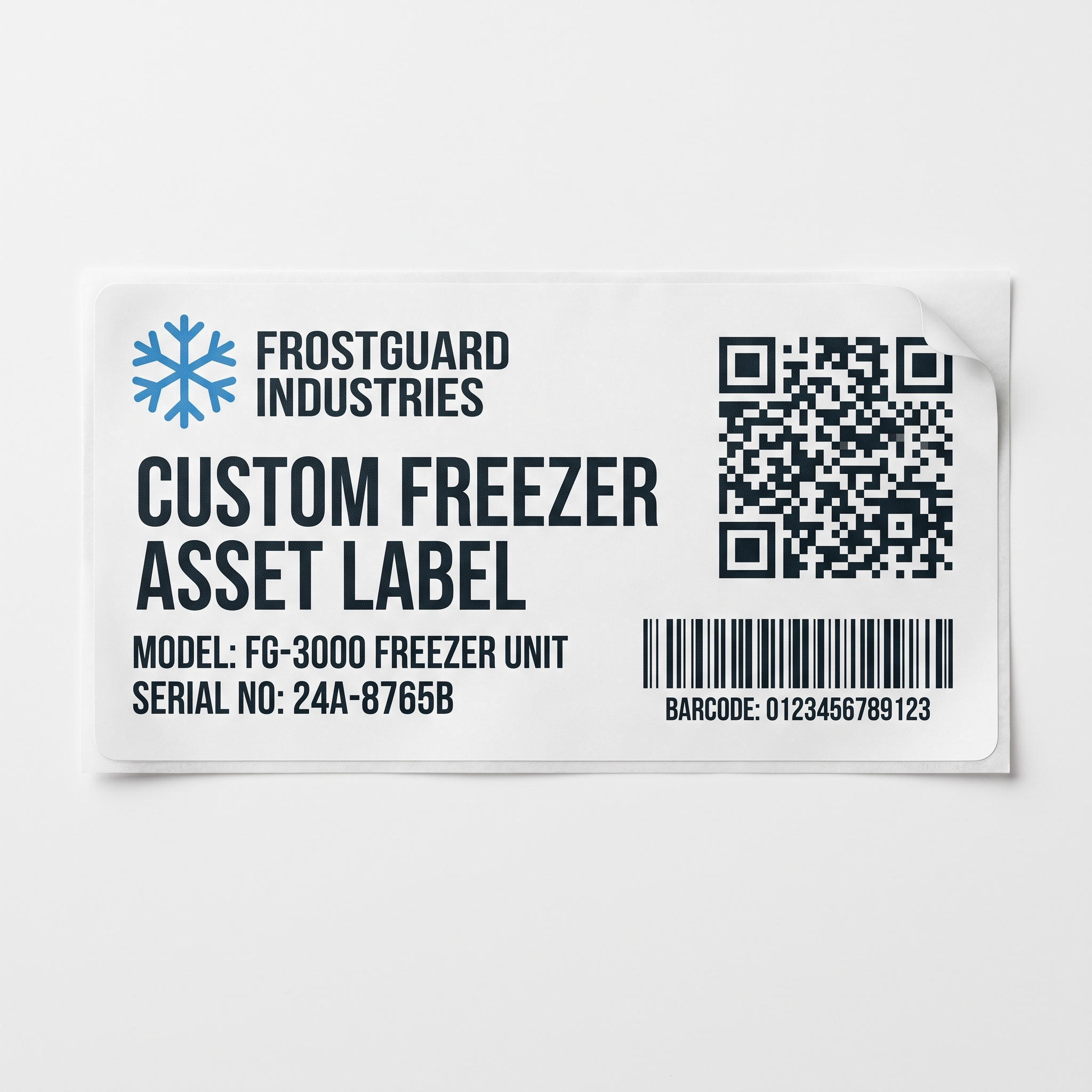 Custom Freezer Labels custom printed self-adhesive vinyl label sticker with fictional branded design on a white background