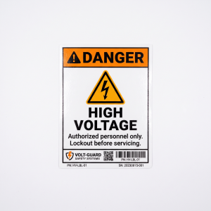 Custom High Voltage Labels custom printed self-adhesive vinyl label sticker with fictional branded design on a white background
