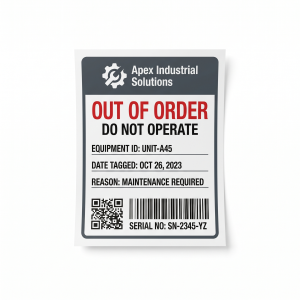 Custom Out of Order Labels custom printed self-adhesive vinyl label sticker with fictional branded design on a white background