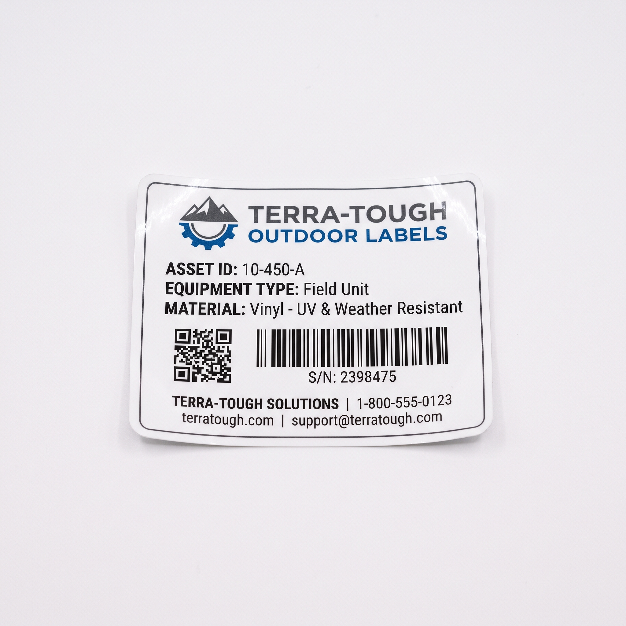 Custom Outdoor Labels custom printed self-adhesive vinyl label sticker with fictional branded design on a white background