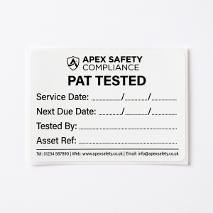 Custom PAT Testing Labels custom printed self-adhesive vinyl label sticker with fictional branded design on a white background