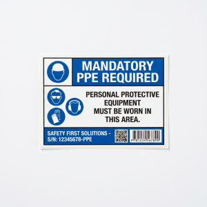 Custom PPE Required Labels custom printed self-adhesive vinyl label sticker with fictional branded design on a white background