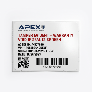 Destructible Vinyl Labels custom printed self-adhesive vinyl label sticker with fictional branded design on a white background
