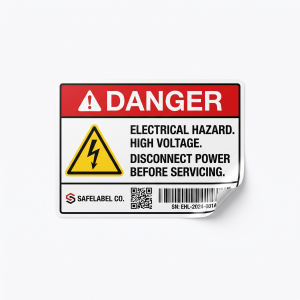 Electrical Hazard Labels custom printed self-adhesive vinyl label sticker with fictional branded design on a white background
