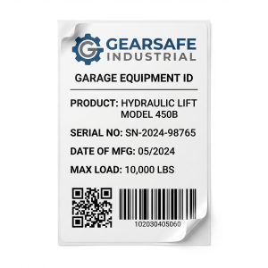 Garage Equipment Labels custom printed self-adhesive vinyl label sticker with fictional branded design on a white background