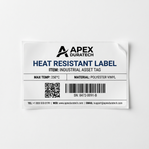 Heat Resistant Labels custom printed self-adhesive vinyl label sticker with fictional branded design on a white background