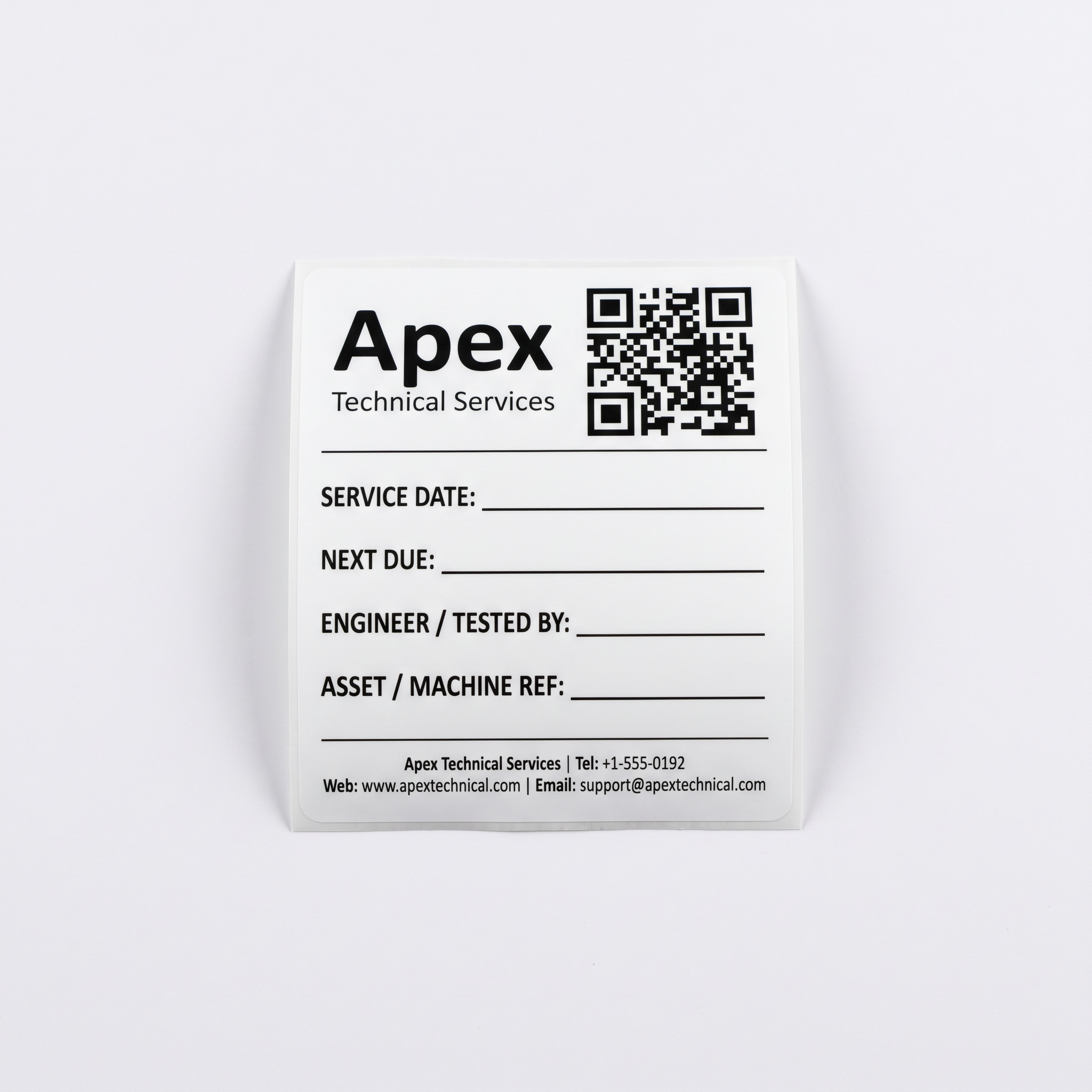 QR Code Service Stickers close-up of a custom printed self-adhesive vinyl label sticker with clear readable product details