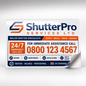 Roller Shutter Service Labels custom branded emergency call-out vinyl label on a white background